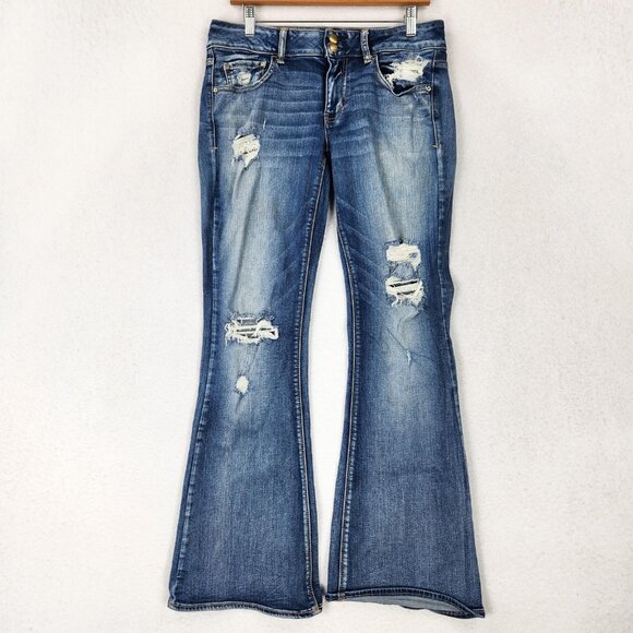 American Eagle Jeans Womens 12 Blue Artist Flare Distressed Mid Rise Stretch - Picture 1 of 13